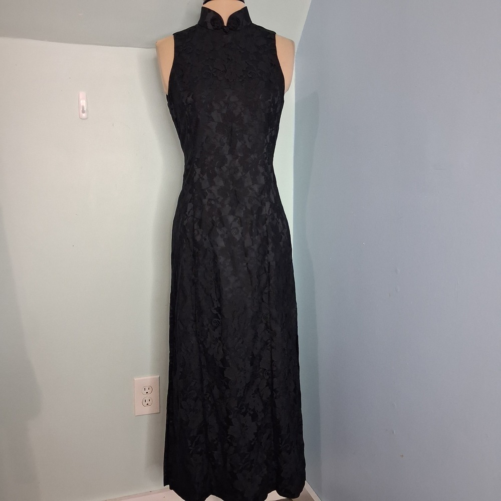 Maitresse Black Floral Lace Maxi Dress Mandarin Collar Frog Closure Sleeveless